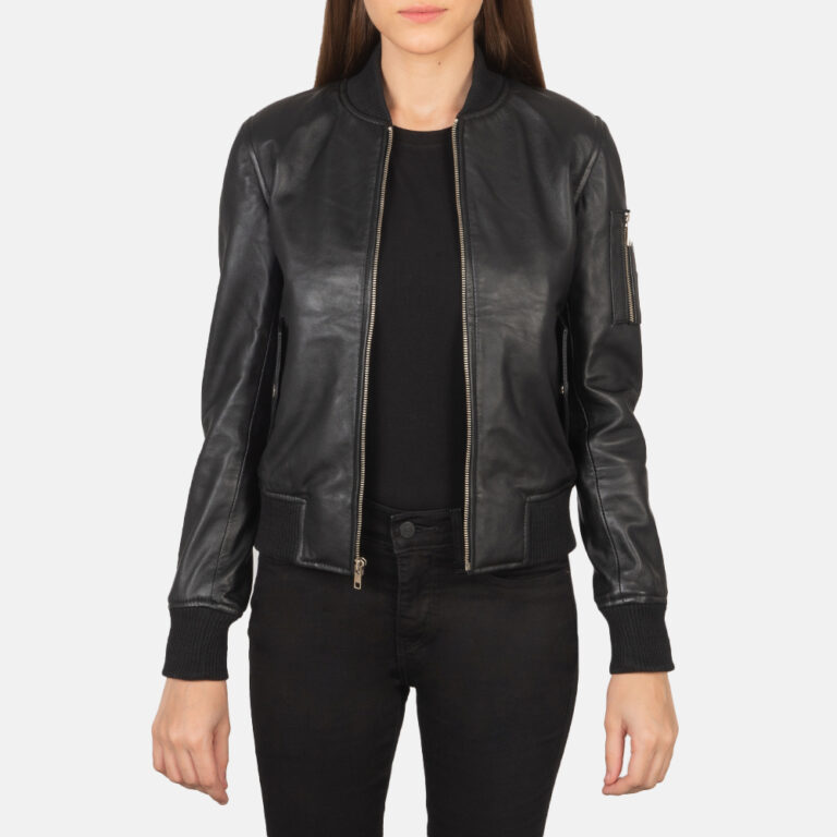Womens Ava Ma-1 Black Leather Bomber Jacket Open Front-4-1659371529922